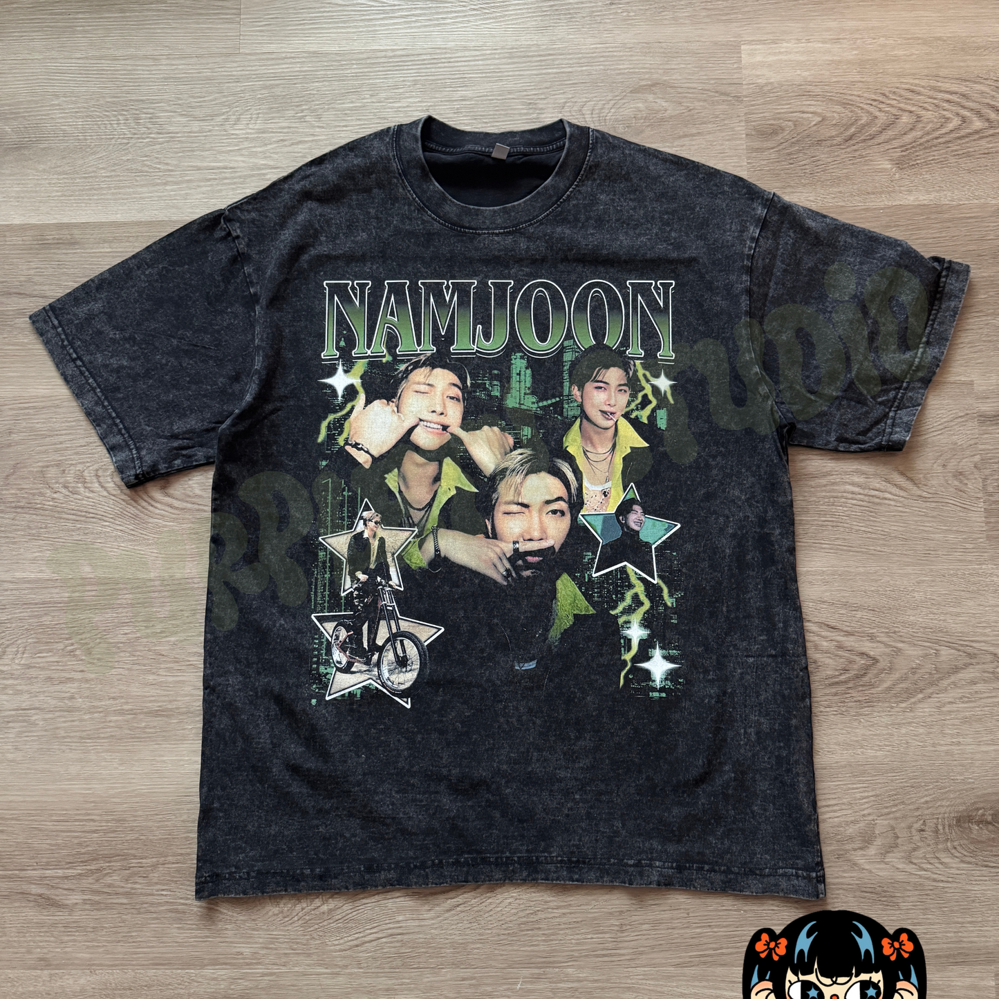 A black t-shirt with a graphic print of a person's face and the name 'Namjoon'.